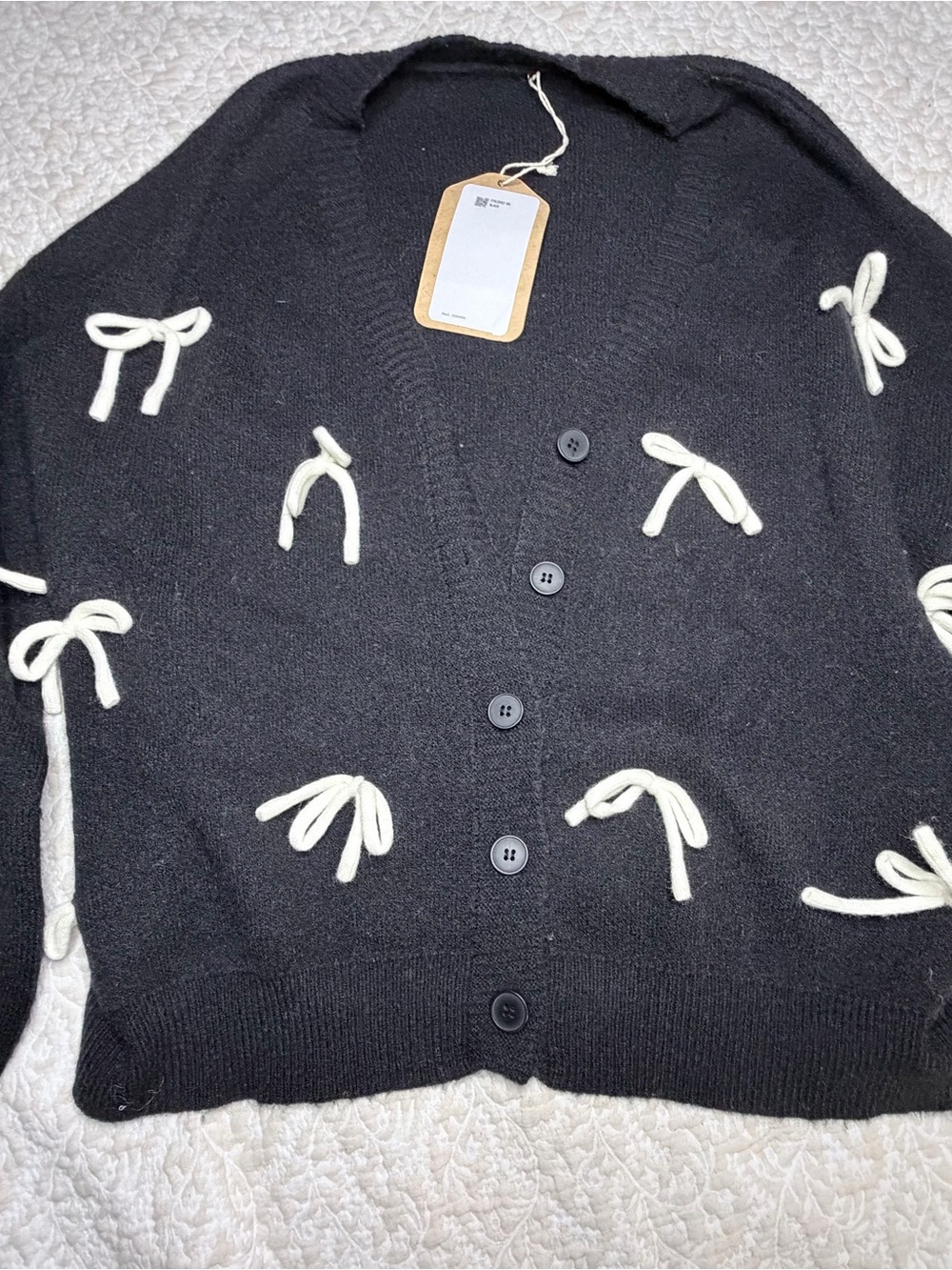 Black Bow-Appliqué Button-Front Cardigan Sweater
